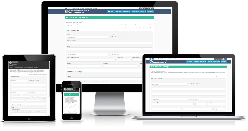Imagem mostrando o e-SIC da Prefeitura Municipal de Marataízes/ES em diversos dispositivos como desktop, laptop, tablet e smartphone