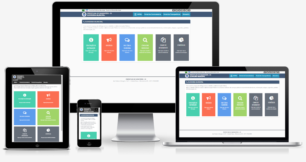 Imagem mostrando o módulo de Ouvidoria da Prefeitura Municipal de Marataízes/ES em diversos dispositivos como desktop, laptop, tablet e smartphone