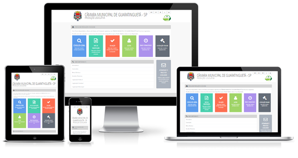 Imagem mostrando o Sistema de Processo Legislativo da Câmara Municipal de Guaratinguetá/SP em diversos dispositivos como desktop, laptop, tablet e smartphone