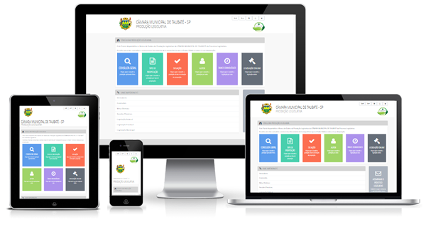 Imagem mostrando o Sistema de Processo Legislativo - SPLONLINE da Câmara Municipal de Taubaté/SP em diversos dispositivos como desktop, laptop, tablet e smartphone