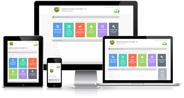 Imagem mostrando o    VIRTUALIZAONLINE da Câmara Municipal de Taubaté/SP em diversos dispositivos como desktop, laptop, tablet e smartphone